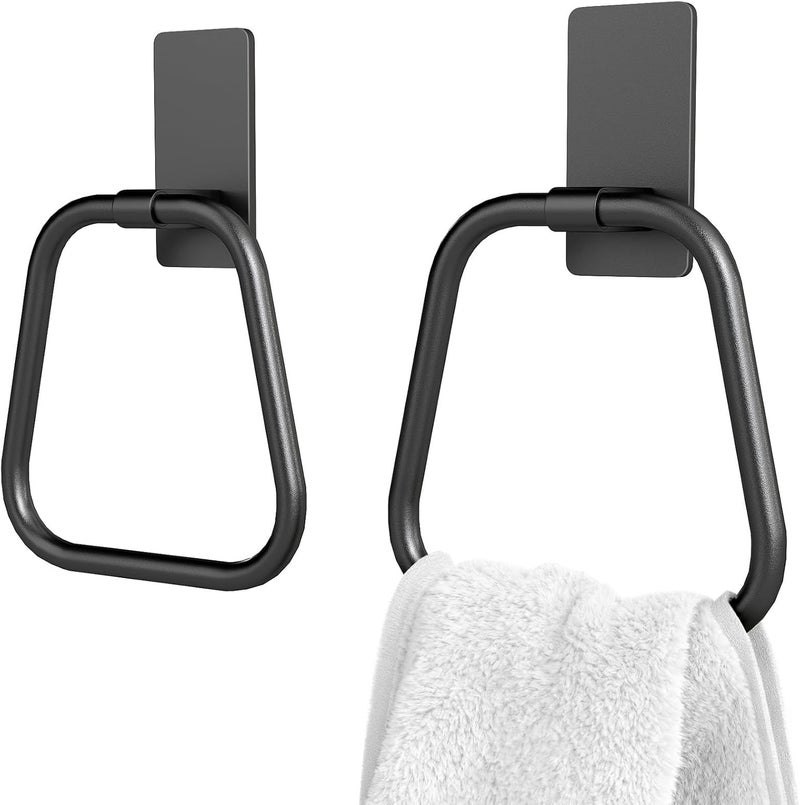 JUYSON Towel Ring, Hand Towel Holder for Bathroom, Adhesive Hand Towel Holder, Adhesive Towel Racks, Wall Mount Towel Hanger for Bathroom, Kitchen, NO Drill Easy to Install, 2 Pack(Matte Black) - Image 1